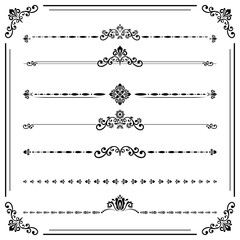 Obraz premium Vintage set of vector decorative elements. Horizontal separators in the frame. Collection of different ornaments. Classic black patterns. Set of vintage patterns