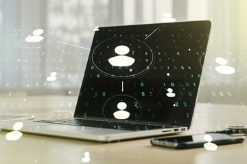 Social network concept with modern laptop on background. Multiexposure