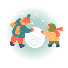Winter season background kids characters. Flat vector illustration. Winter outdoor activities. Children  have fun.