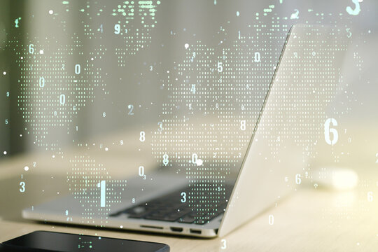 Abstract creative coding illustration with world map on modern computer background, international software development concept. Multiexposure