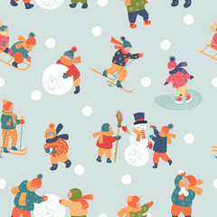 Seamless pattern. Winter season background kids characters. Flat vector illustration. Winter outdoor activities. Children  have fun.
