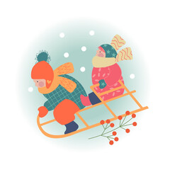 Fototapeta premium Winter season background kids characters. Flat vector illustration. Winter outdoor activities. Children have fun.