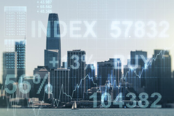 Multi exposure of virtual abstract financial graph interface on San Francisco cityscape background, financial and trading concept