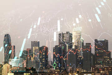 Fototapeta na wymiar Double exposure of abstract creative financial chart hologram and world map on Los Angeles city skyscrapers background, research and strategy concept
