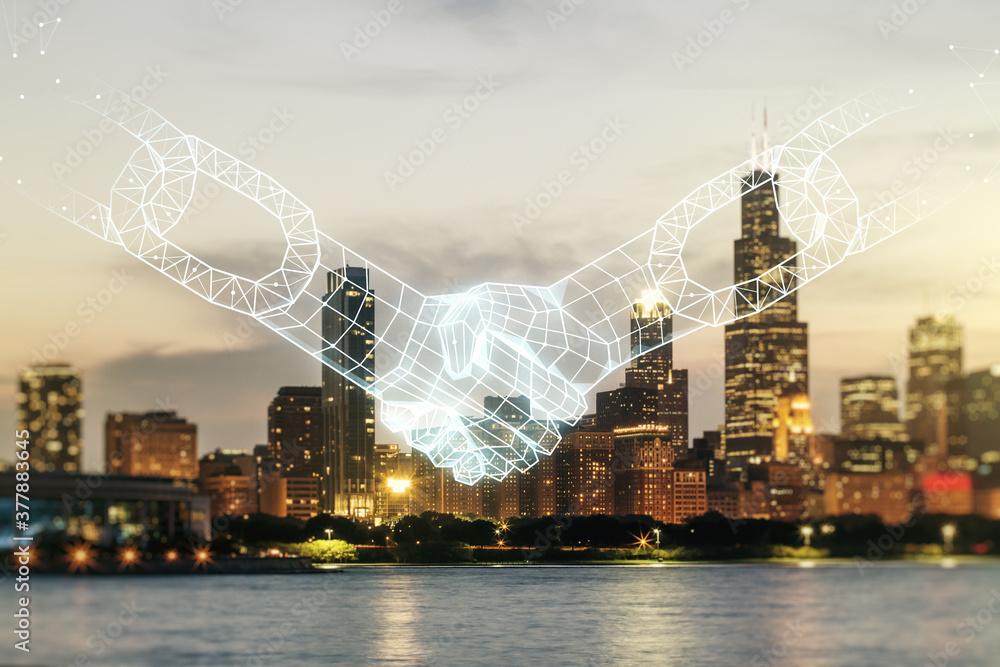 Poster abstract virtual blockchain technology hologram with handshake on chicago skyline background. digita
