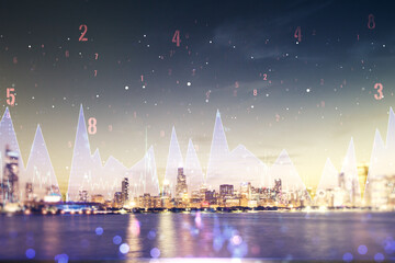 Double exposure of abstract virtual statistics data hologram on Chicago city skyscrapers background, statistics and analytics concept