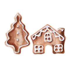 Watercolor image of gingerbread figures and men and tools for their preparation