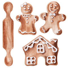 Watercolor image of gingerbread figures and men and tools for their preparation