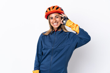 Young hispanic cyclist woman isolated on white background showing ok sign with fingers