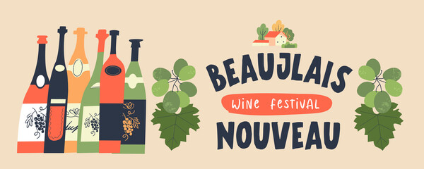 Beaujolais Nouveau. Festival of new wine in France. Vector illustration. - 377883863
