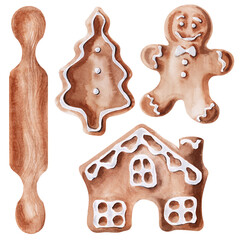 Watercolor image of gingerbread figures and men and tools for their preparation