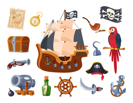 Adventure pirate set. Pirate ship equipment, treasure map and box, weapon, parrot, compass, treasure chest, pipe with tobacco, hat, flag, pistol, bottle of rum. Symbols of sea adventure  