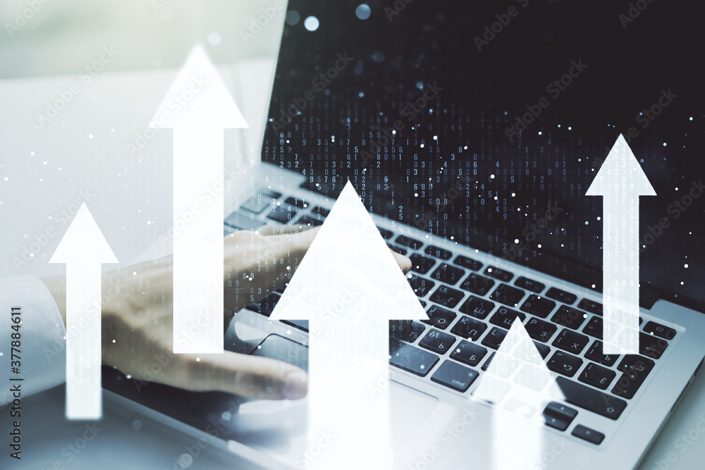 Poster creative abstract upward arrows hologram and hands typing on computer keyboard on background, leader