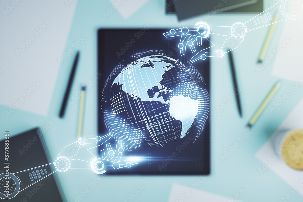 Aufkleber double exposure of robotics technology with world map hologram and digital tablet on background, top