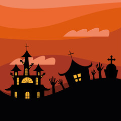 Halloween houses with zombie hands on orange background vector design
