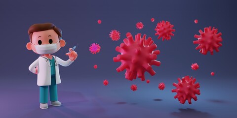 Fototapeta na wymiar 3D render concept illustration of doctor character wearing medical mask facing Coronavirus, Covid-19