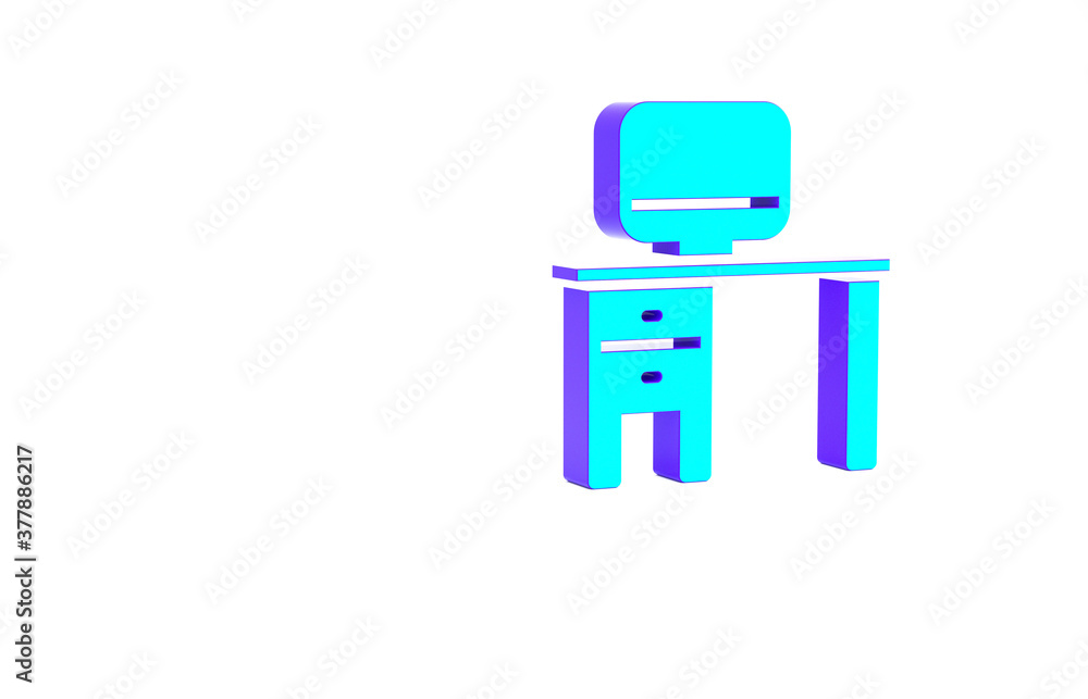 Poster turquoise computer monitor and desk icon isolated on white background. pc component sign. minimalism