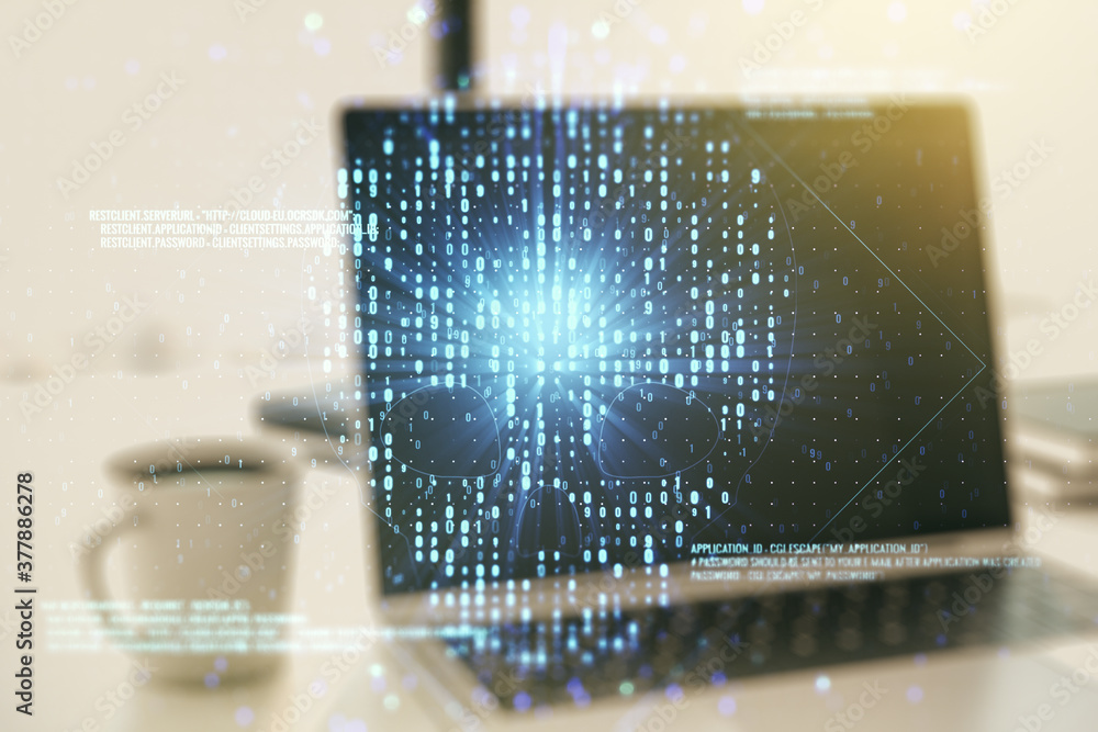 Leinwandbilder creative code skull hologram on modern computer background, cybercrime and hacking concept. multiexp