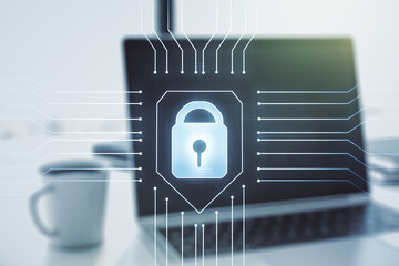 Creative light lock illustration with microcircuit on modern computer background, cyber security concept. Multiexposure