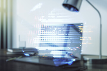Multi exposure of abstract programming language hologram with world map on computer background, artificial intelligence and neural networks concept