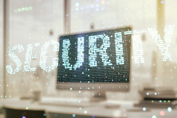 Cyber security creative concept on modern laptop background. Double exposure