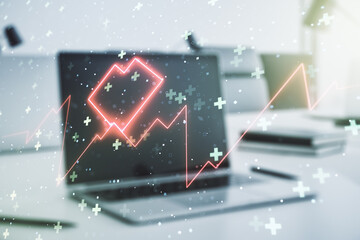 Creative abstract heart pulse hologram on modern computer background, online medical consulting...