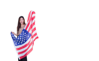 Portrait of a young woman holding USA flag with white background