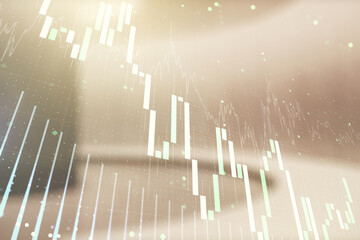 Multi exposure of virtual abstract financial graph interface on modern interior background, financial and trading concept