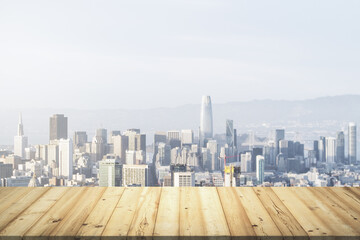 Table top made of wooden dies with San Francisco city view on background, template