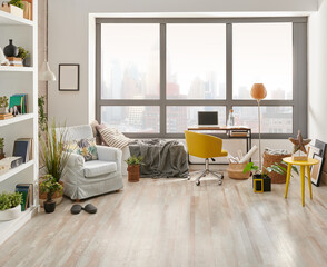 Carpet interior room, empty area and home furniture design background.
