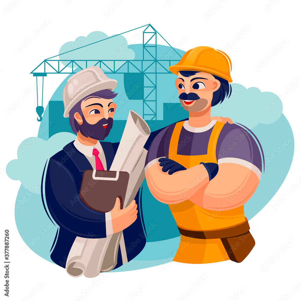 Poster Cartoon Color Character Person Male Builders Engineers Concept. Vector