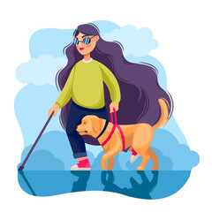 Cartoon Color Character Person Blind Girl and Guide Dog Concept. Vector