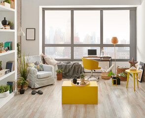 Living room interior style, city view background, armchair working table and laptop, middle coffee table style.