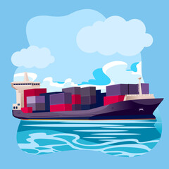 Cartoon Color Cargo Ship in Sea Port Landscape Scene Concept. Vector
