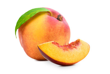 Fresh peach isolated. Organic nectarine or peach slice with leaf on white background.