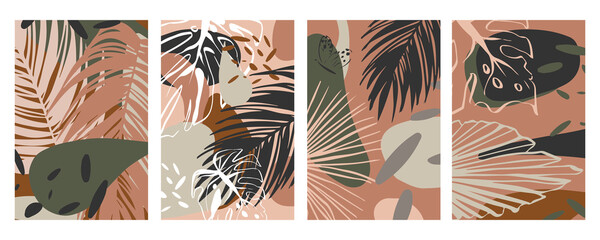 Fototapeta na wymiar Rastr backgrounds with abstract shapes and tropical leaves hand drawn. Modern minimalist art, elements of linear art, stylish trend colors. Textile design, print for t-shirts, cards, business cards 