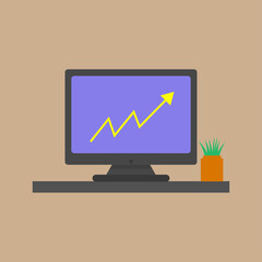 PC display with line showing growth. Vector icon for business with computer and desk. Statistics on the screen. Colorful flat illustration showing profit and rise.