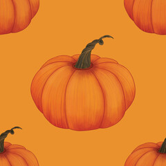 Hand drawn orange autumn pumpkin on yellow background, seamless pattern for harvesting, Halloween designs, textile and fabric 
