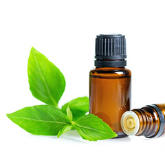 Essential oils in dark glass bottle with aroma herbs.
