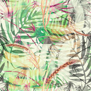 Tropical leaves.Watercolor leaves of a tree, palms, bamboo, abstract splash. Watercolor abstract seamless background, pattern, spot, splash of paint. Tropic pattern.Wheat ears, barley, millet.