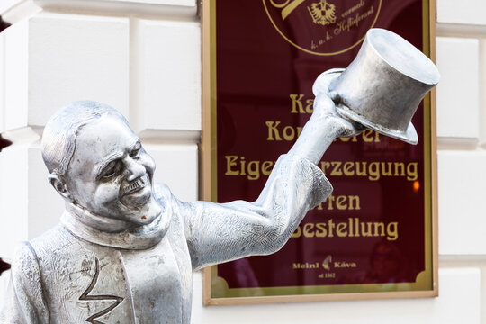 BRATISLAVA, SLOVAKIA - SEPTEMBER 23, 2015: Cast iron statue of Ignac Lamar, nicknamed Schoner Naci. Author of this sculpture is Juraj Melus and it was installed in June 1997