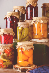 Homemade preserved, fermented food, pickled, marinated vegetables, fruit compote