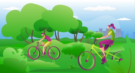 People ride on bikes outdoors in summer, vector illustration. Happy couple riding bicycles outside, healthy lifestyle fun concept. Active man and woman cyclists doing sport and leisure.
