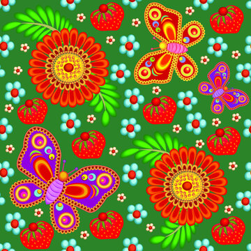 Illustration of seamless background with flowers, berries and butterflies