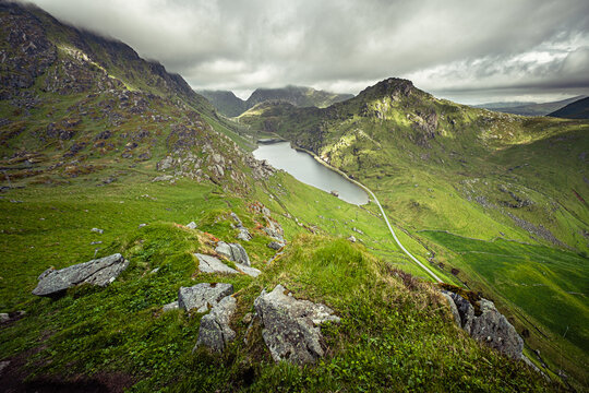 View from the Mannen mountain next to the Hauckland beach during a cloudy day on the Lofoten islands, Norway