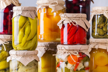 Homemade preserved, fermented food, pickled, marinated vegetables, fruit compote