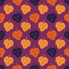 Seamless pattern from colorful leaves on a burgundy background. Autumn leaf fall. Vector illustration for creative design, decoration of banners, cards, prints, textiles, fabric, wallpaper, packaging.