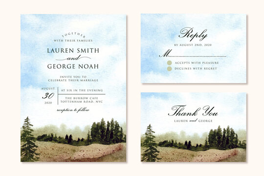 wedding invitation set with blue sky and green field landscape watercolor