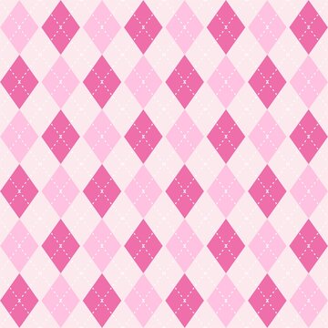 Argyle seamless pattern in pink colors. Fabric texture background with rhombuses, staggered. Argilla vector classic ornament. Children's background for design, pattern for fabric, wallpaper.