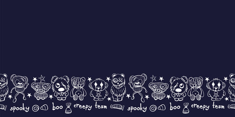 Vector white teddies aliens dark seamless pattern